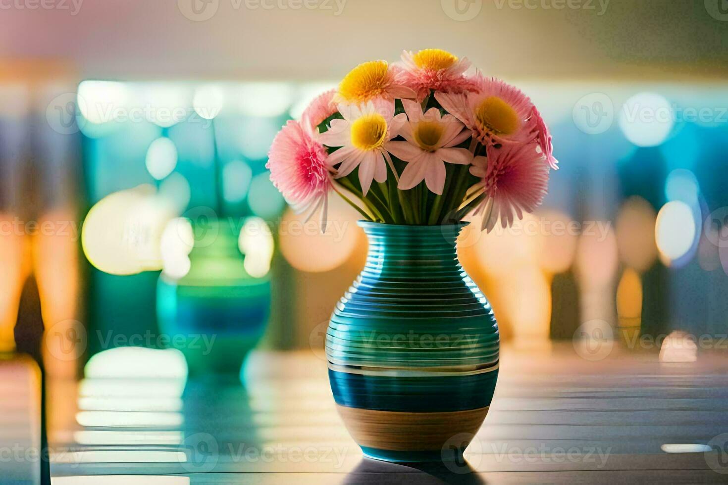 a vase with flowers sitting on a table. AI-Generated photo