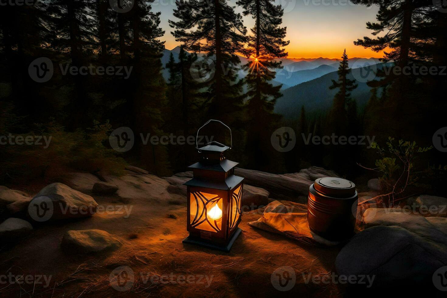 a lantern is lit on a rock in the middle of a forest. AI-Generated photo