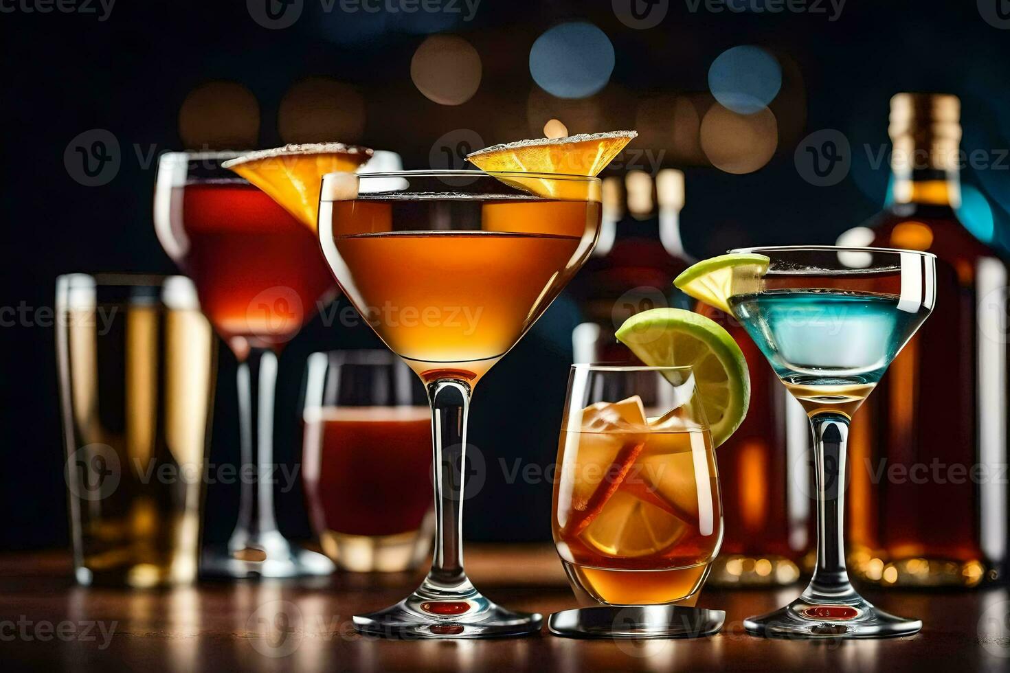 various alcoholic drinks on a table. AI-Generated photo