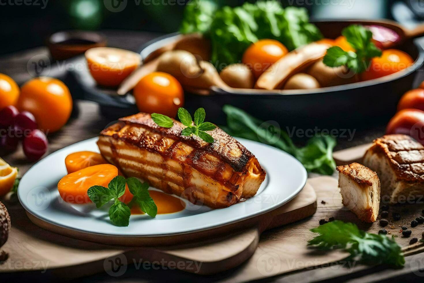 grilled chicken breast with vegetables and potatoes on a wooden table. AI-Generated photo