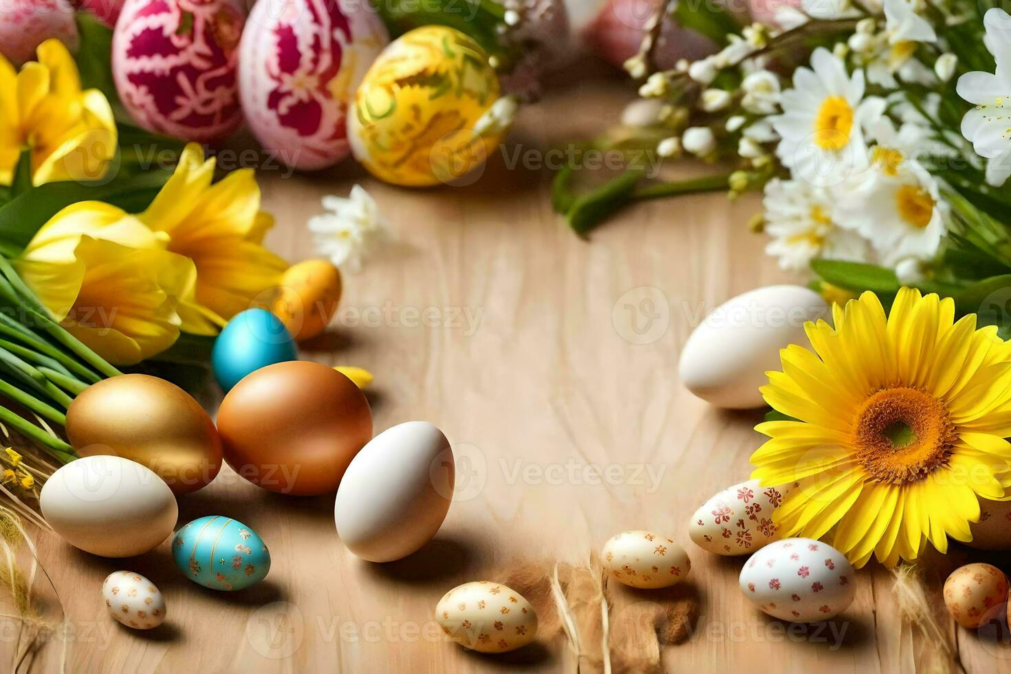 easter eggs and flowers on a wooden table. AI-Generated photo