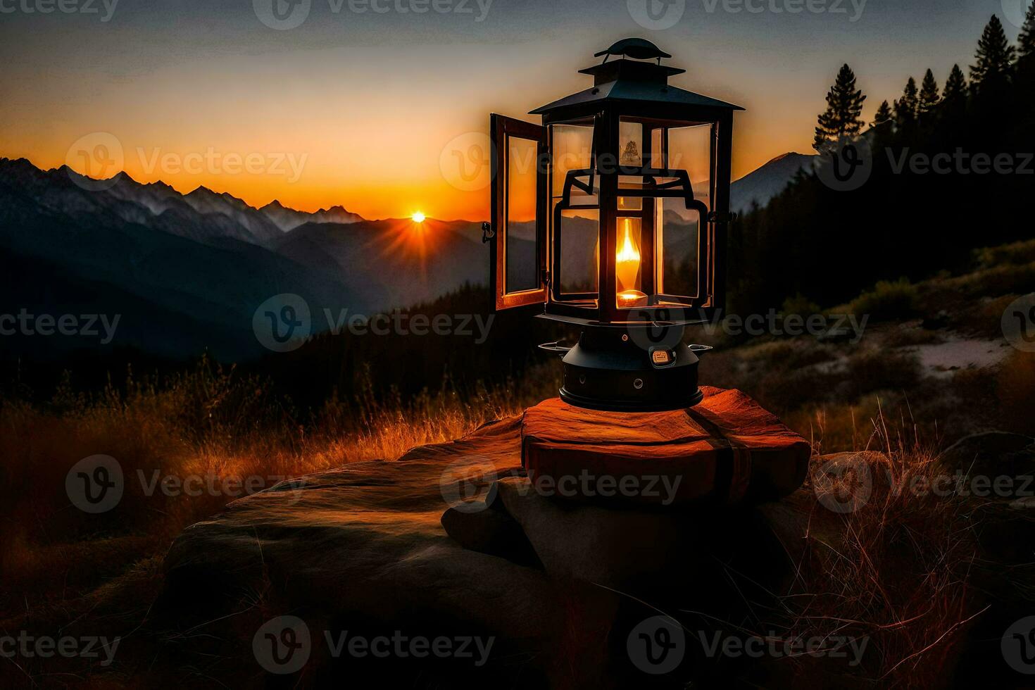 a lantern is lit on top of a mountain at sunset. AI-Generated photo