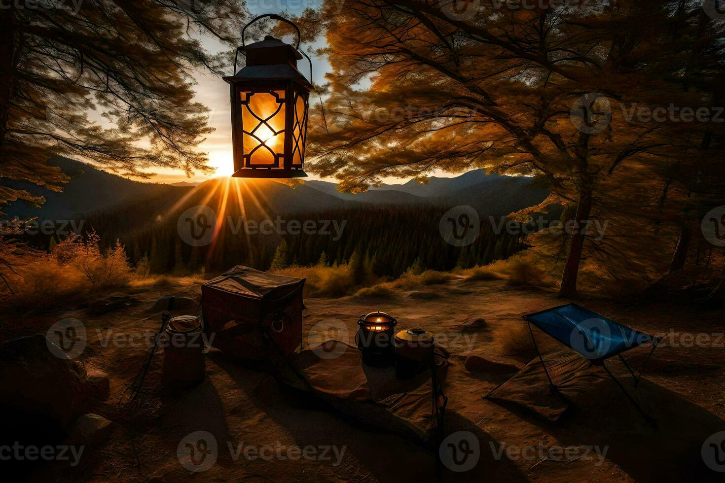 a lantern is lit in the middle of a forest. AI-Generated photo