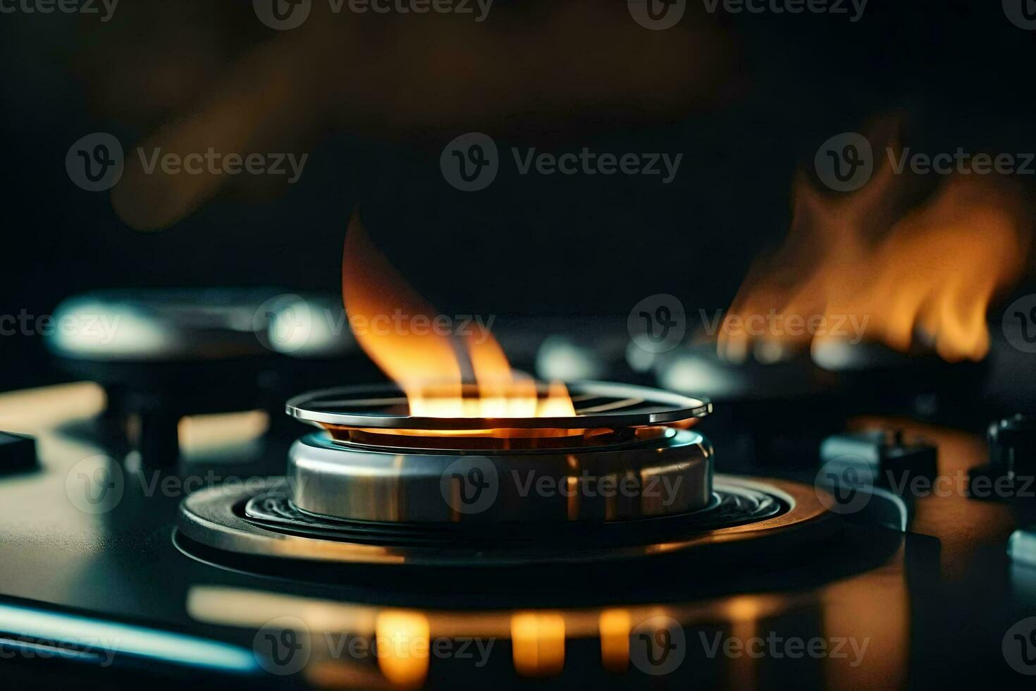 a close up of a gas stove with flames. AI-Generated photo