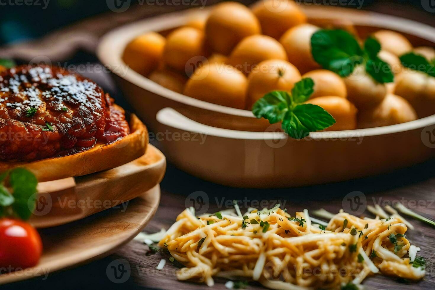 a plate of food with meat, vegetables and pasta. AI-Generated photo