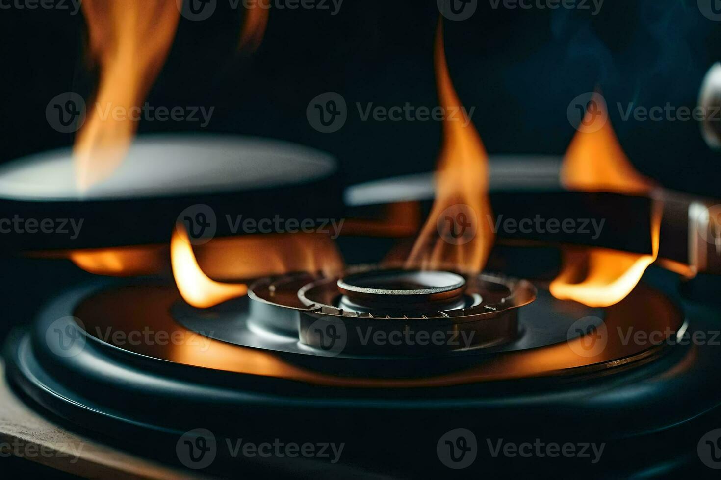 a close up of a gas stove with flames. AI-Generated photo