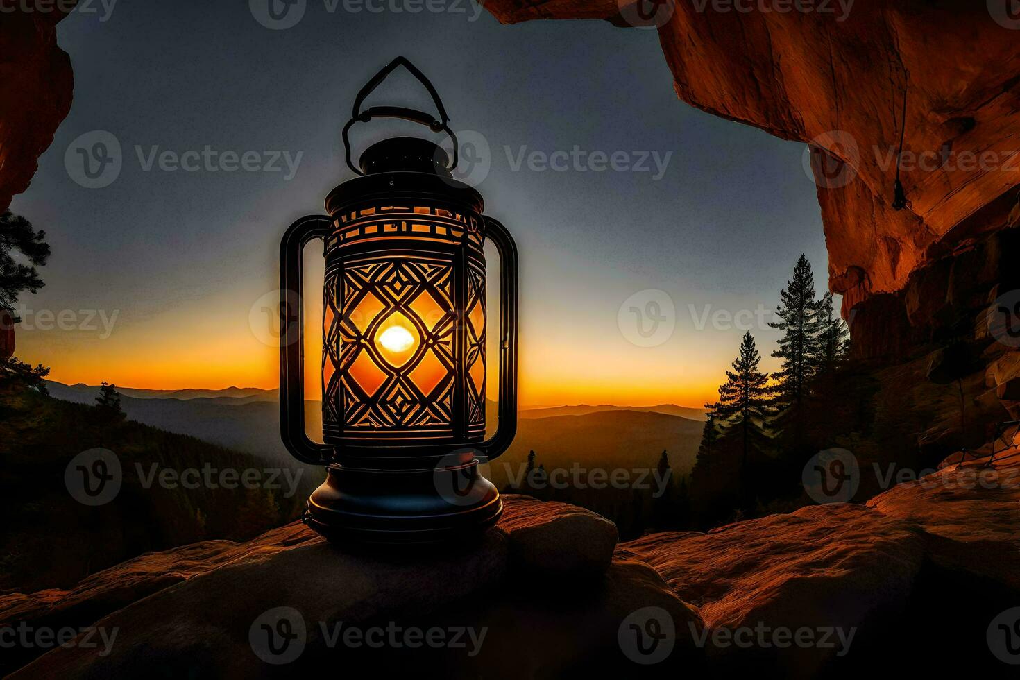 lantern, sunset, mountain, landscape, hd wallpaper. AI-Generated photo