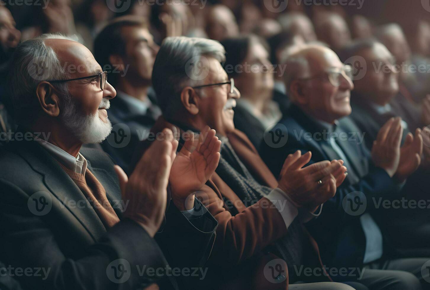 grupo de negocio personas sentado y aplaudiendo a el conferencia salón ai generado foto