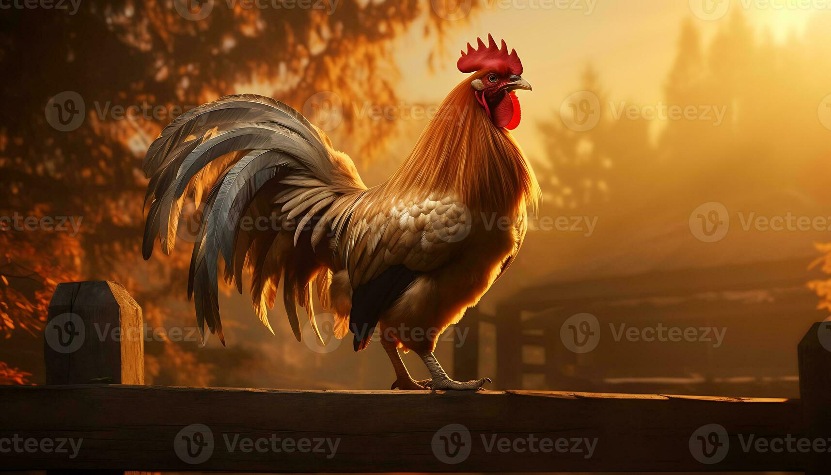 Rooster on a wooden fence at sunset in the village. Beautiful rooster AI Generated photo