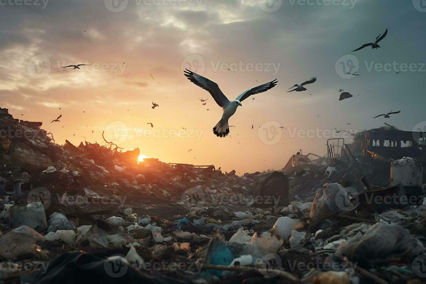 A seagull flies over a garbage dump. The concept of environmental pollution AI Generated photo