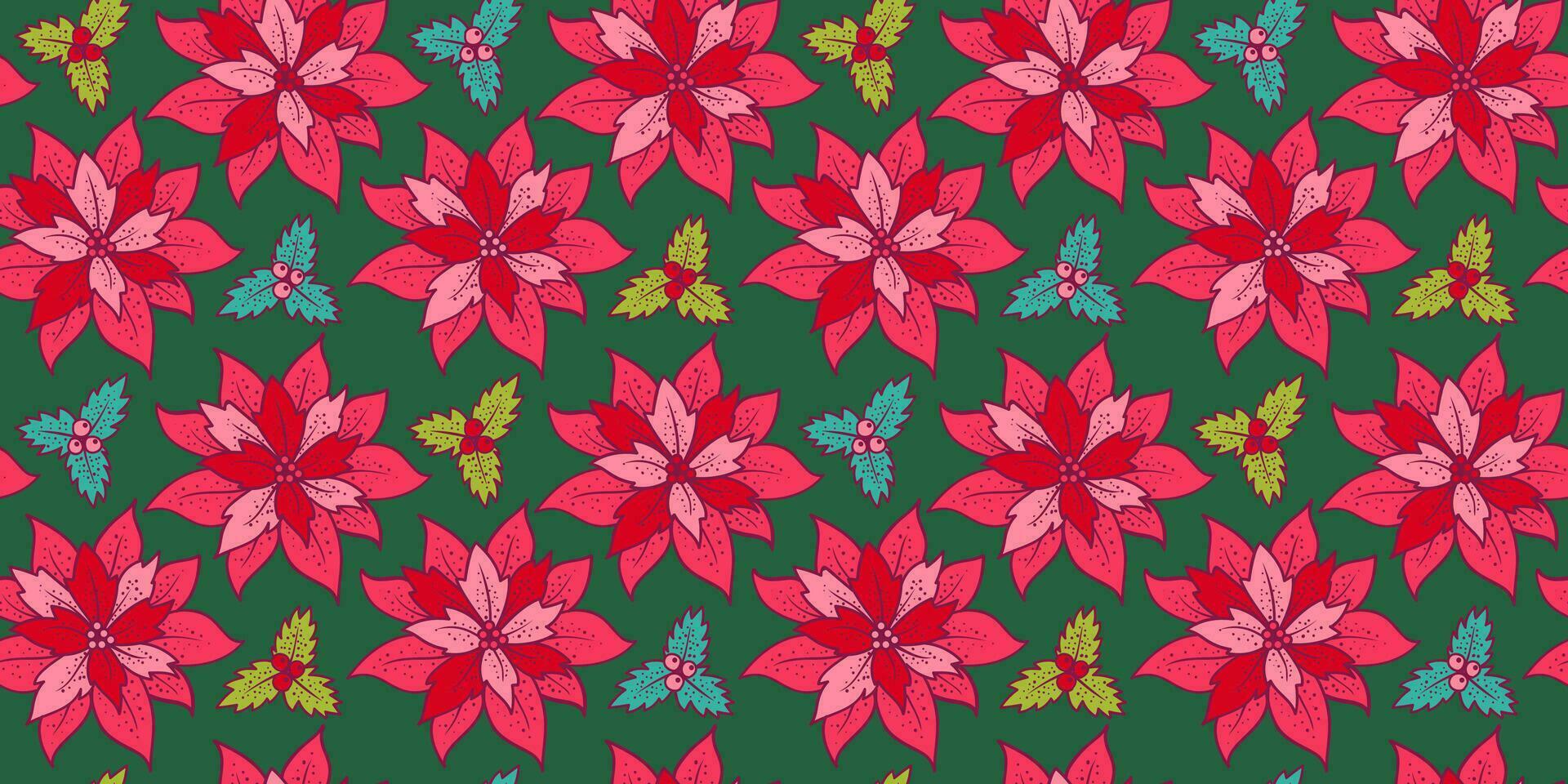 Vector vintage seamless patttern with red poinsettia. Retro seamless Christmas patttern with red flowers.