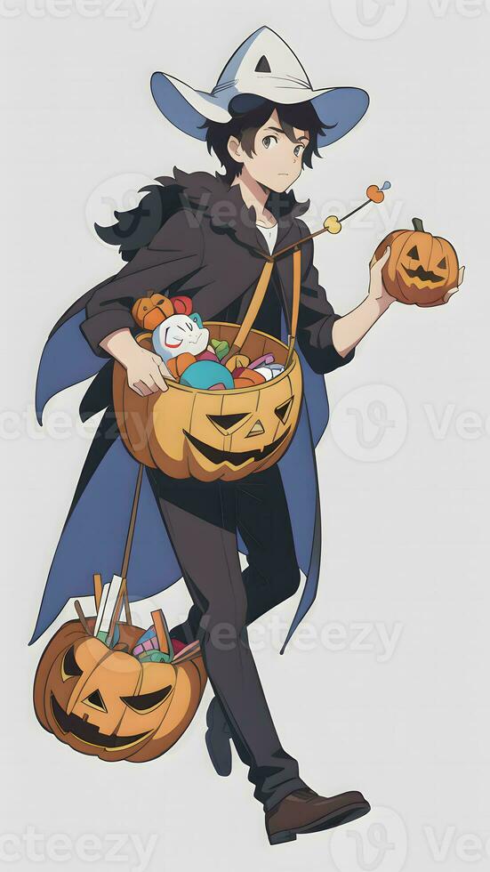 preparando para Víspera de Todos los Santos un joven chico y su calabaza en anime estilo con sencillo antecedentes foto