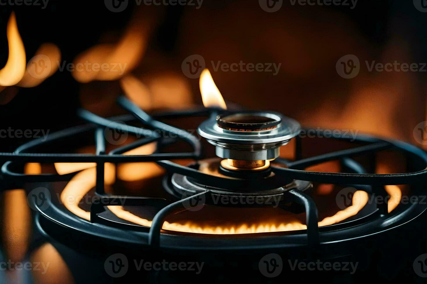 a gas burner on a stove with flames. AI-Generated photo