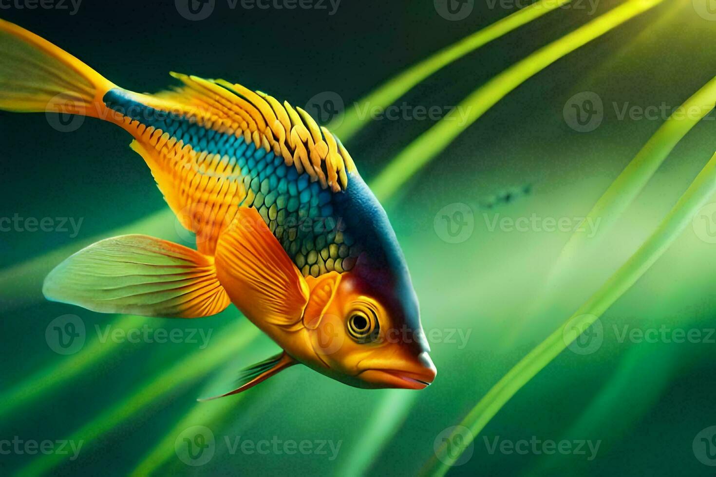 a fish swimming in the water with grass. AI-Generated photo