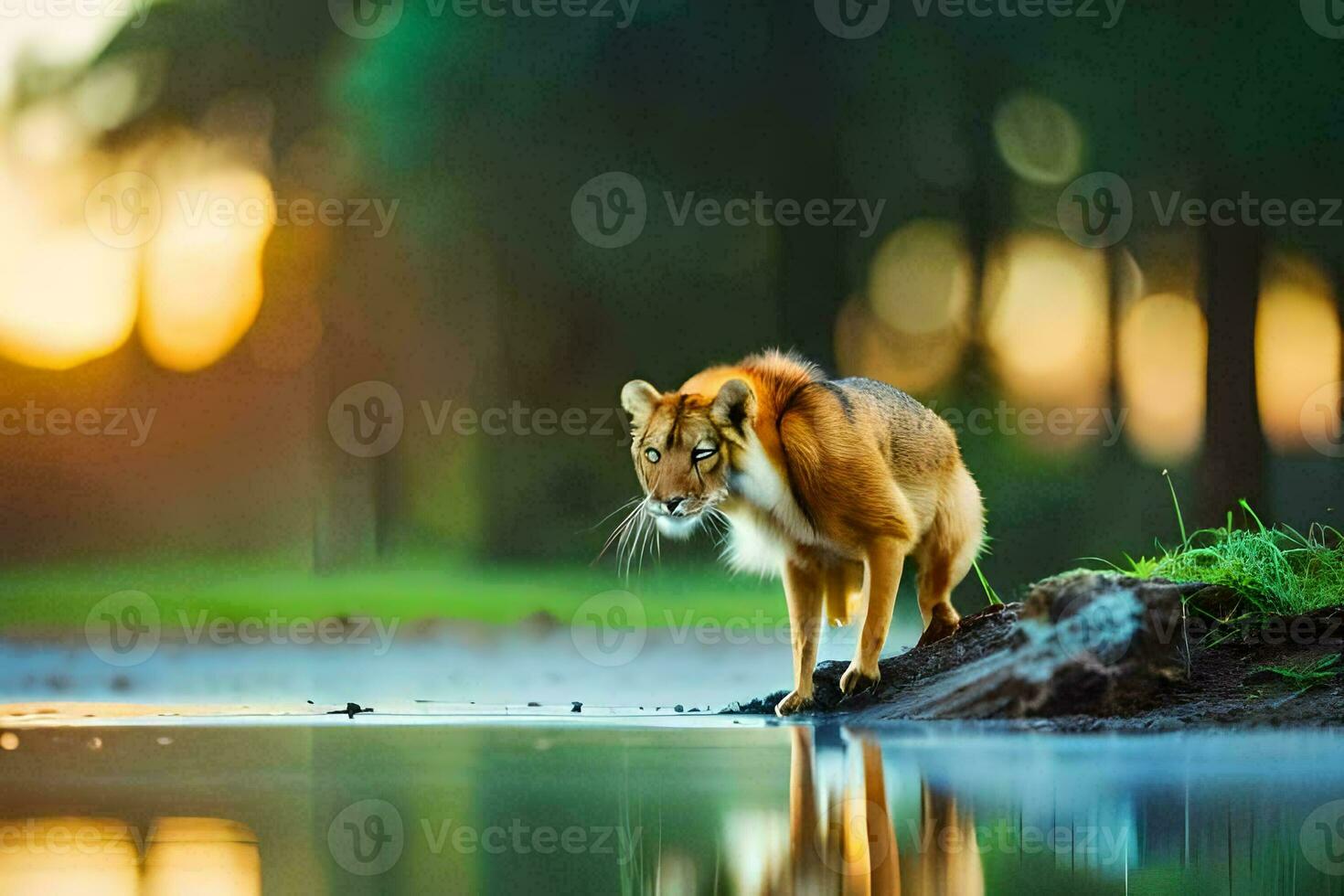 un león en pie en el borde de un lago. generado por ai foto