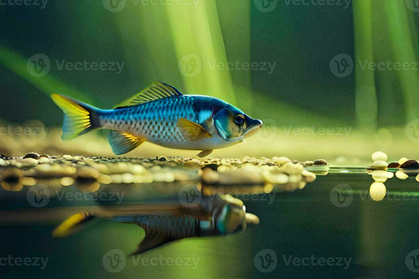 photo wallpaper the fish, water, grass, reflection, fish, the, water, grass,. AI-Generated