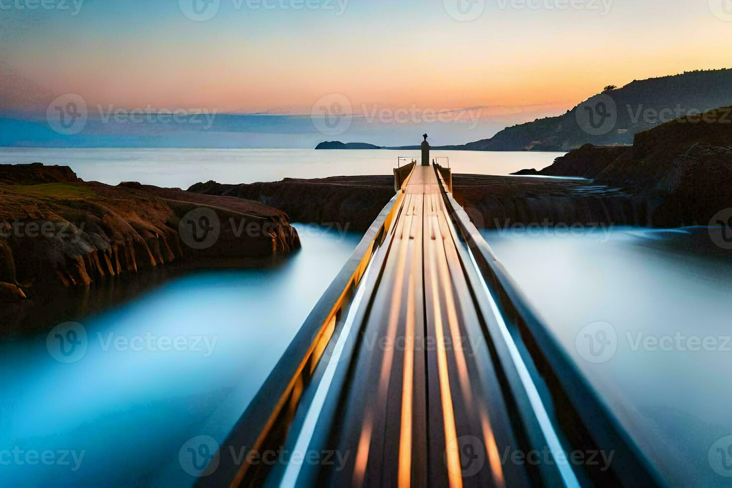 a long exposure photograph of a man walking on a bridge over the ocean. AI-Generated photo