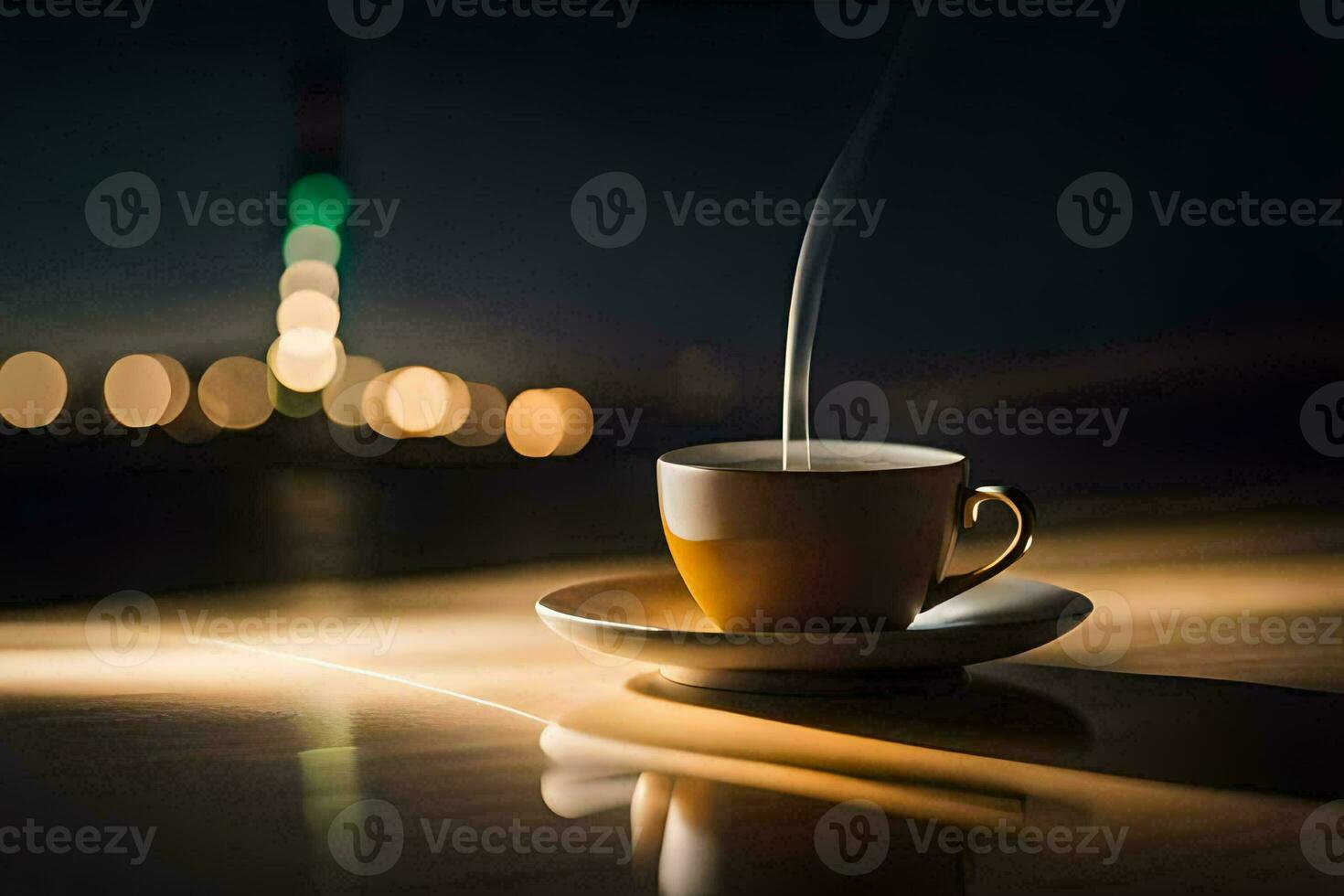 a cup of coffee on a table with a light shining on it. AI-Generated photo