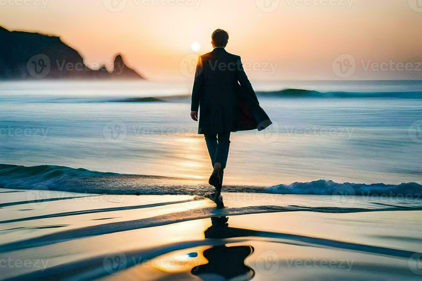un hombre en un Saco caminando en el playa a puesta de sol. generado por ai foto