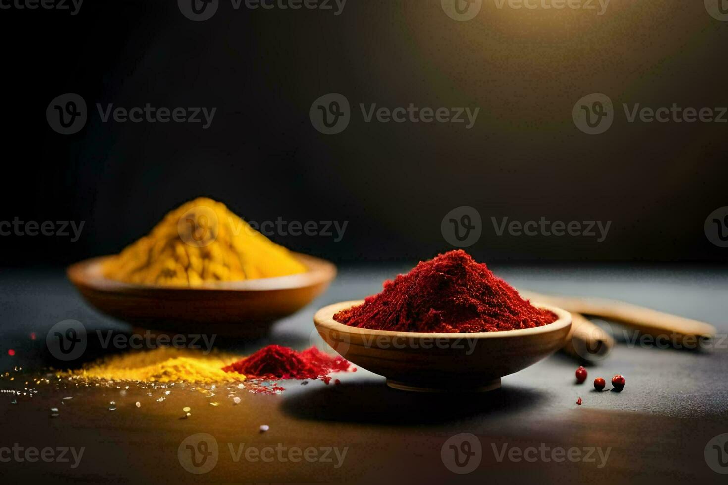 red and yellow spices in wooden bowls on a black background. AI-Generated photo