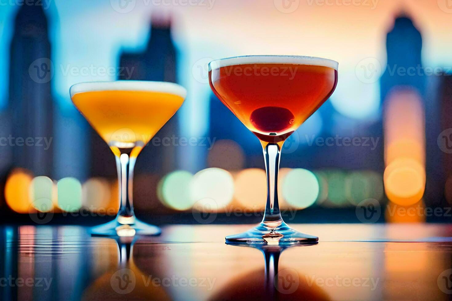two cocktails sit on a table in front of a city skyline. AI-Generated photo
