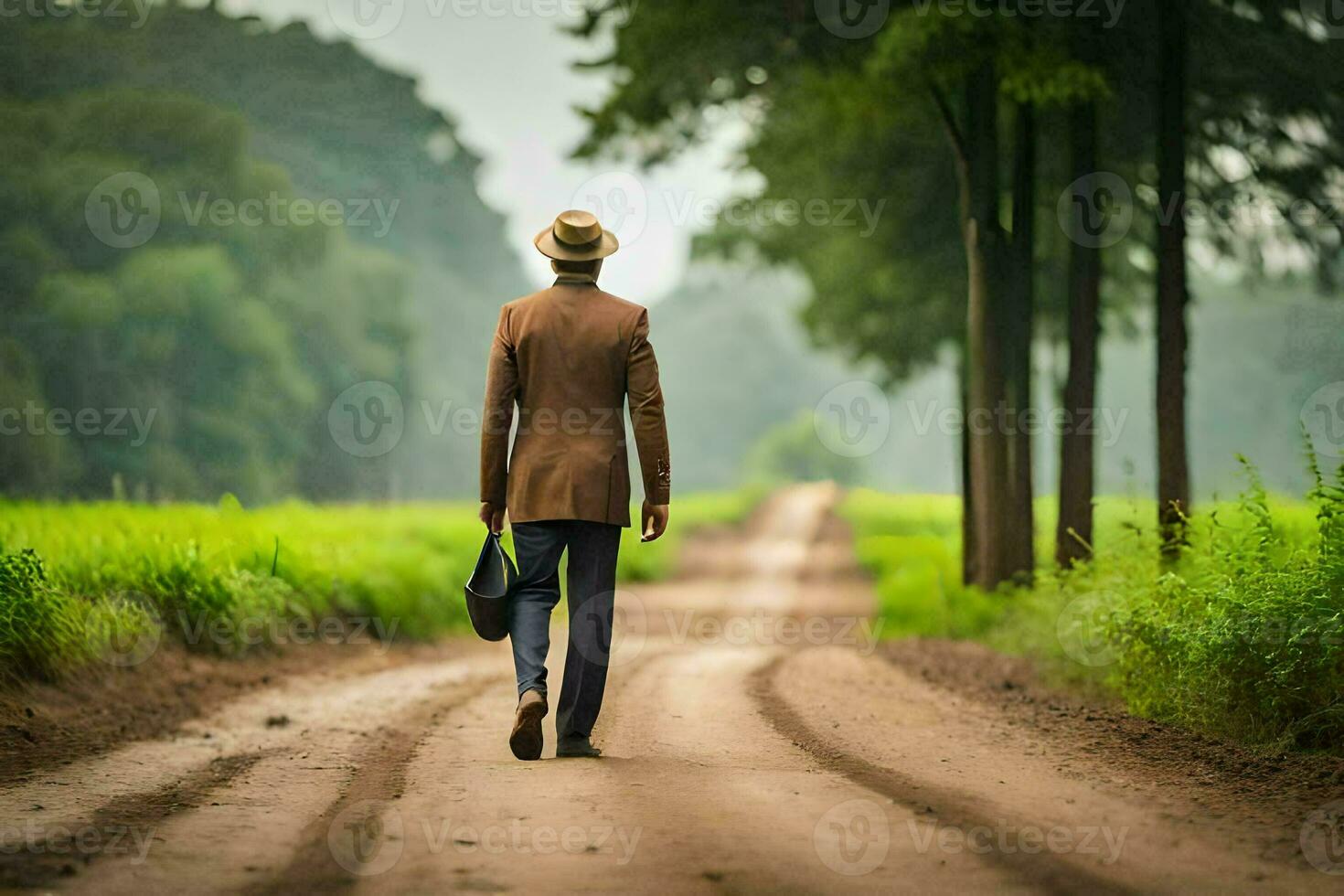 un hombre en un traje y sombrero caminando abajo un suciedad la carretera. generado por ai foto