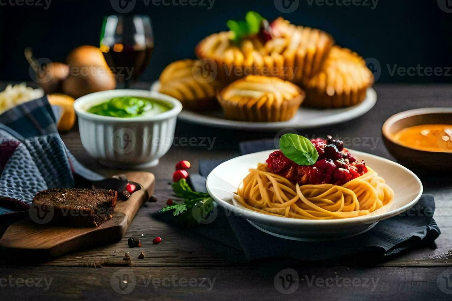 spaghetti with tomato sauce and bread on a wooden table. AI-Generated photo