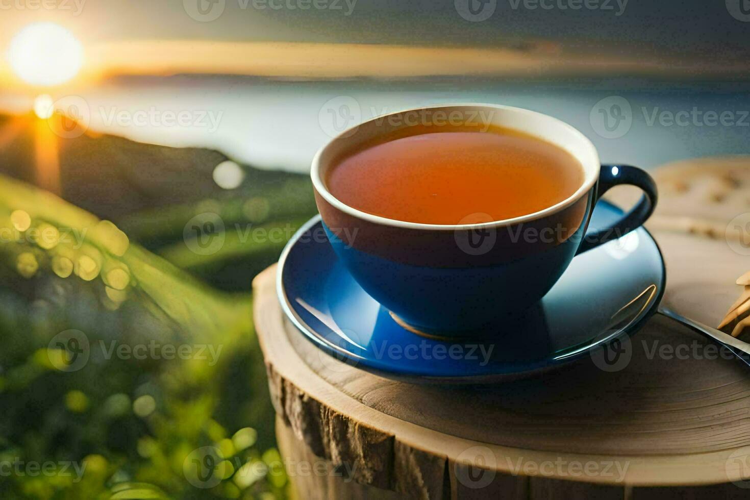 a cup of tea on a wooden table with a view of the sunset. AI-Generated photo