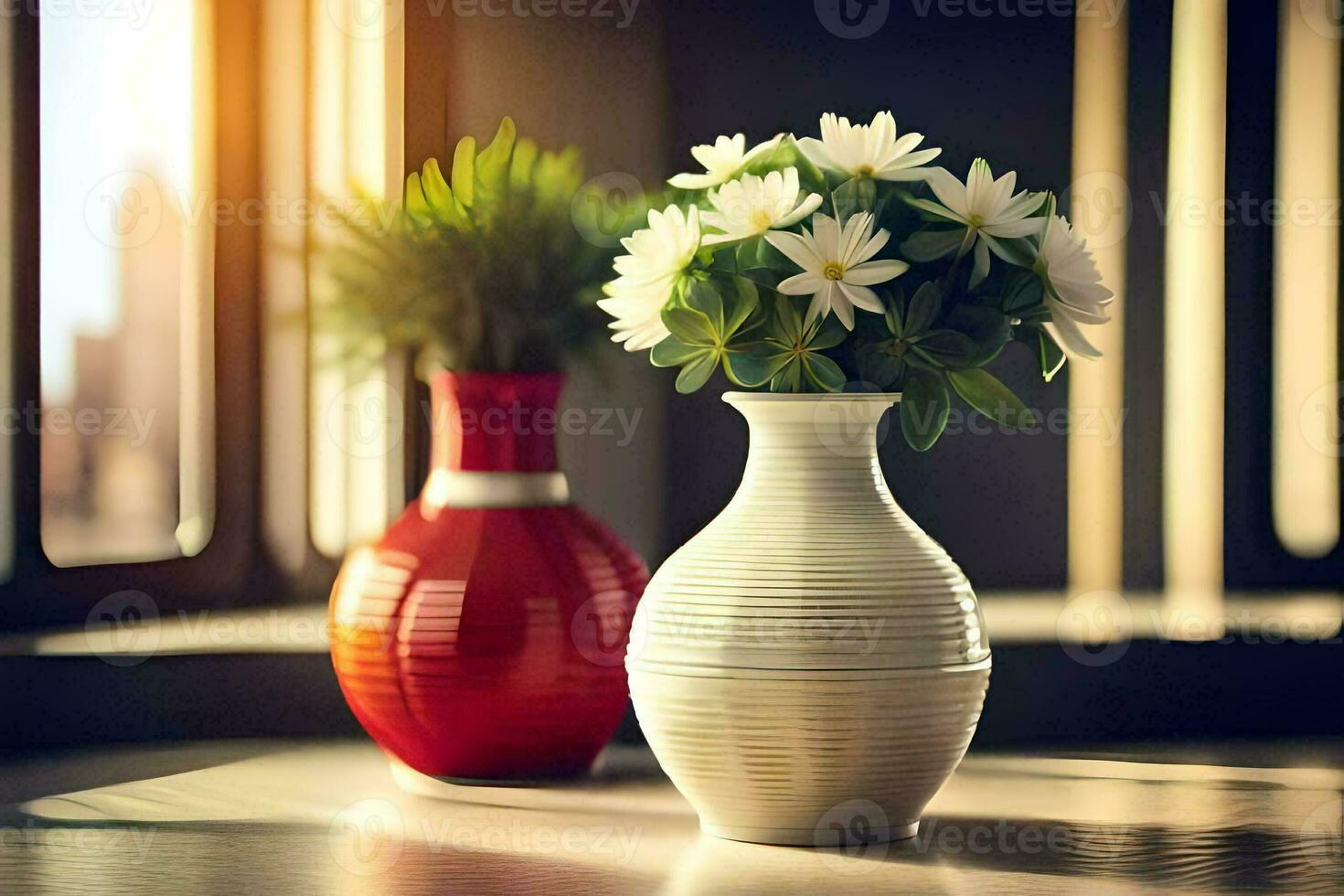 two vases with flowers on a table. AI-Generated photo