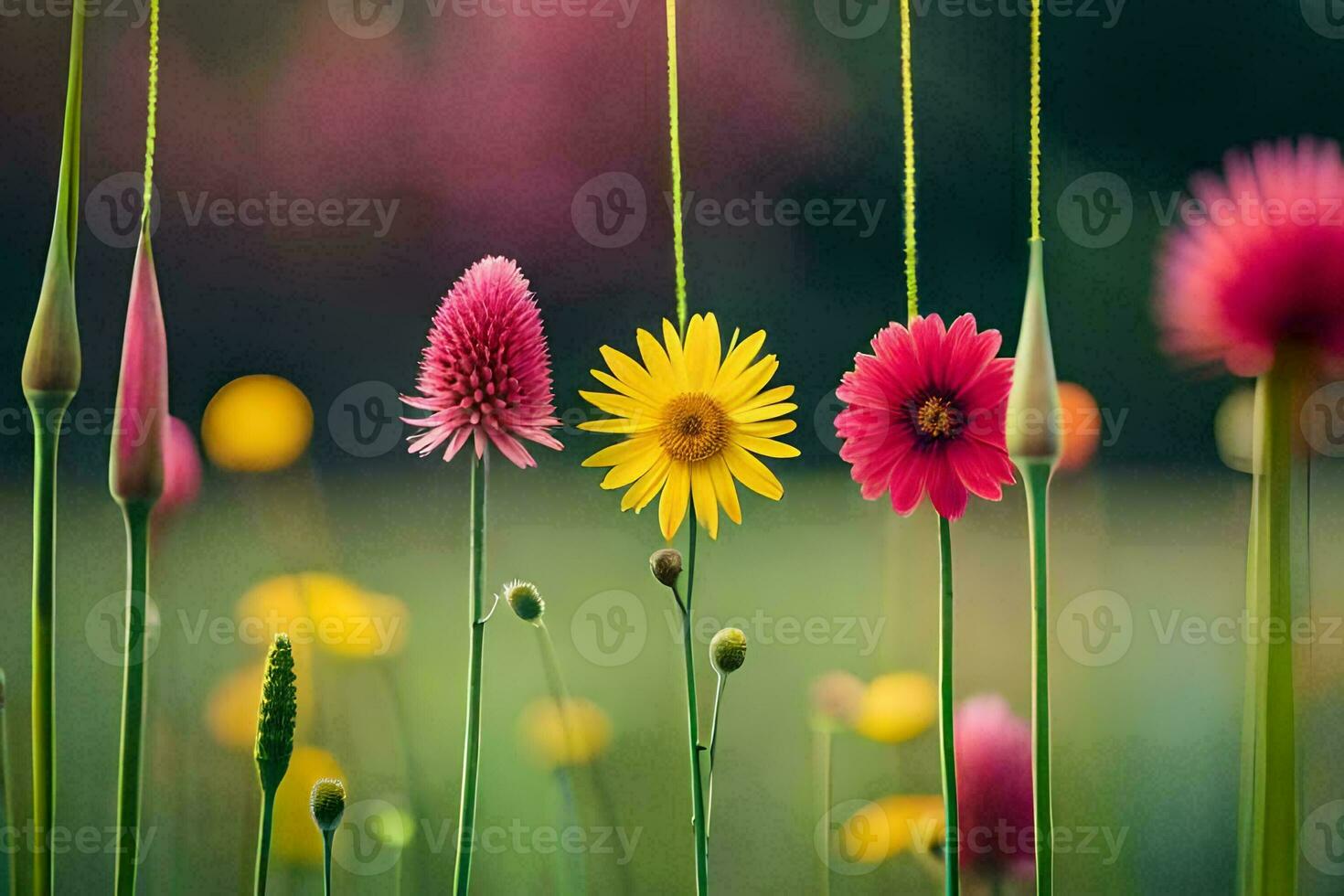 colorful flowers in a field with a blurry background. AI-Generated photo