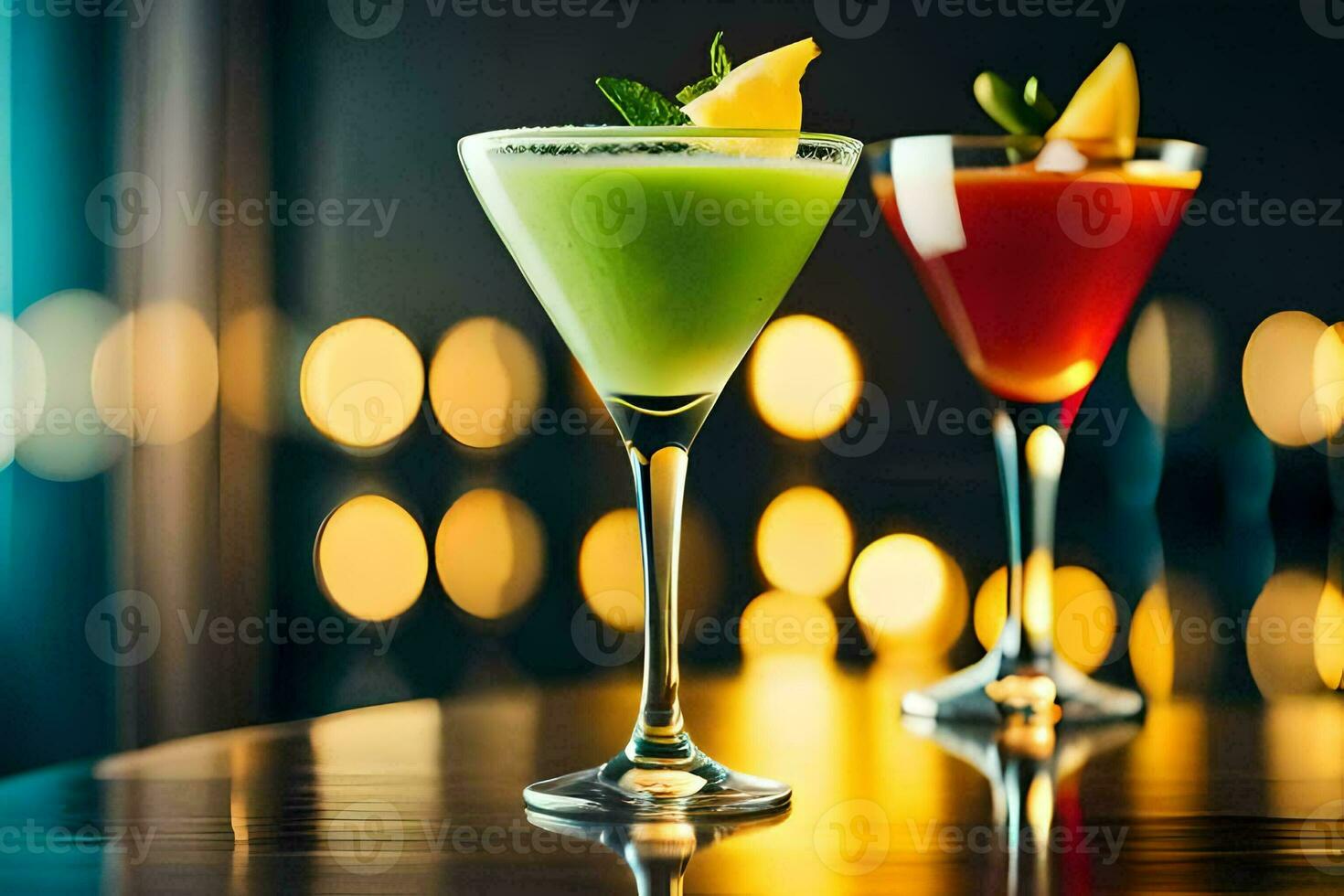 two cocktails on a bar table. AI-Generated photo