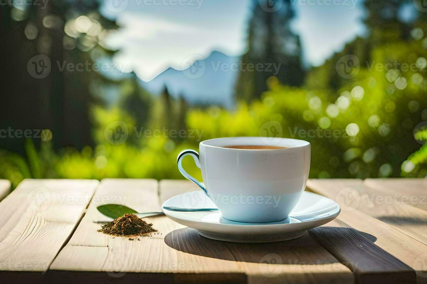 a cup of tea on a wooden table. AI-Generated photo