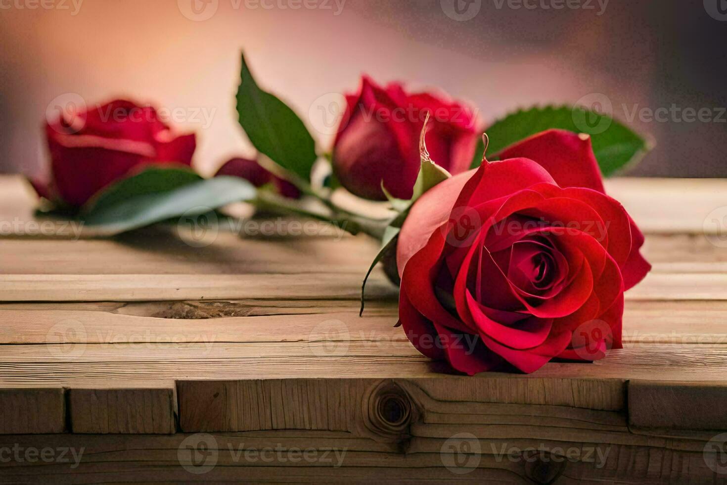 rojo rosas en un de madera mesa. generado por ai foto