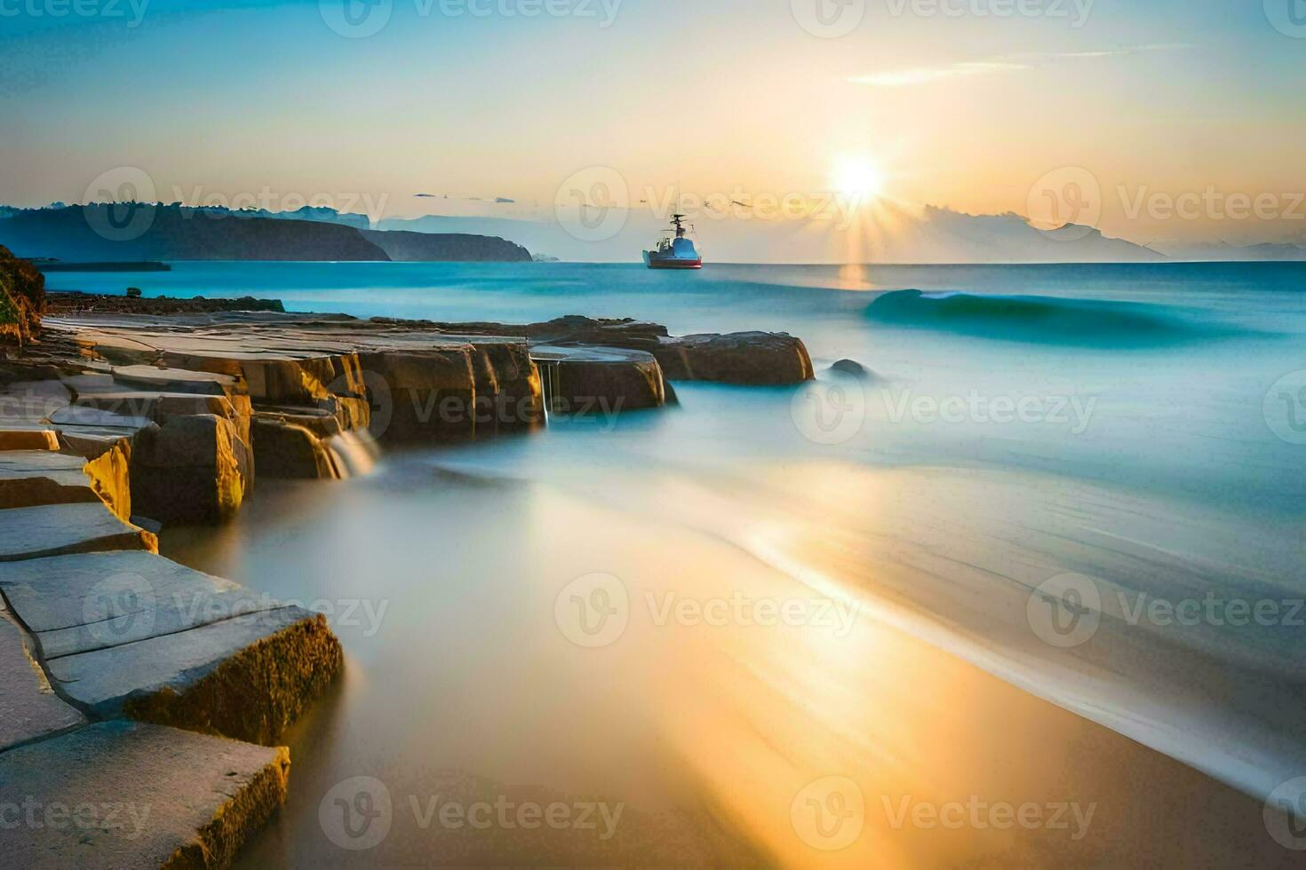 the sun rises over the ocean and rocks in front of a boat. AI-Generated photo