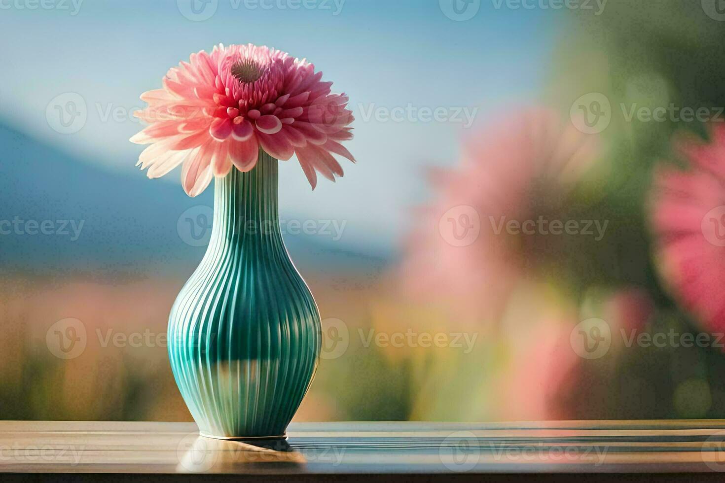 a pink flower is sitting in a vase on a table. AI-Generated photo