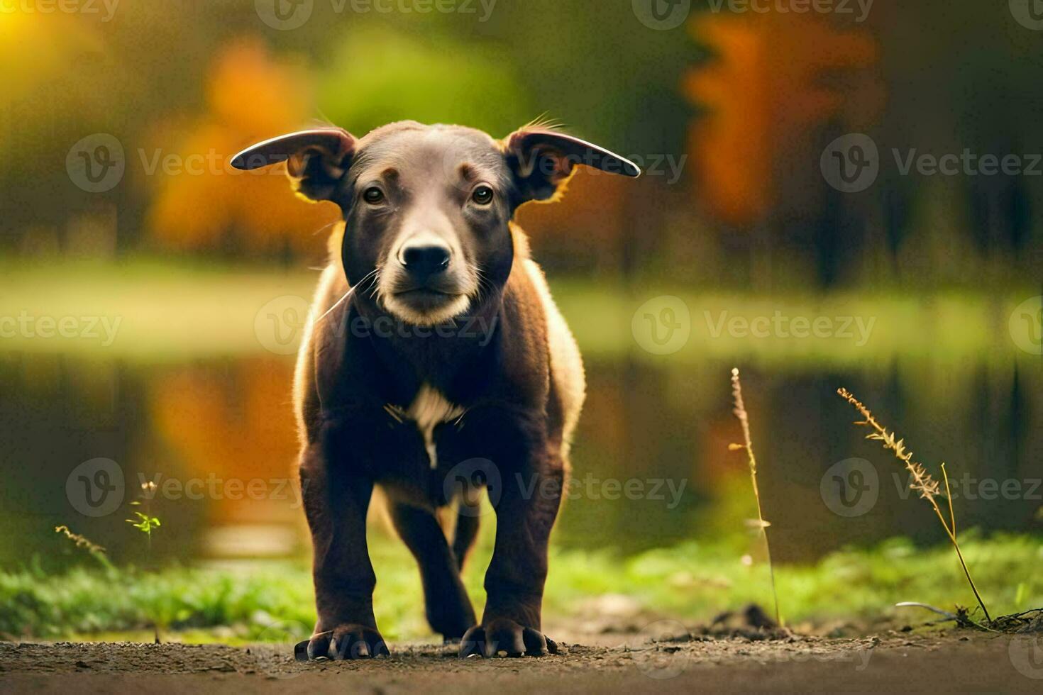 a dog is standing on the ground near a lake. AI-Generated photo