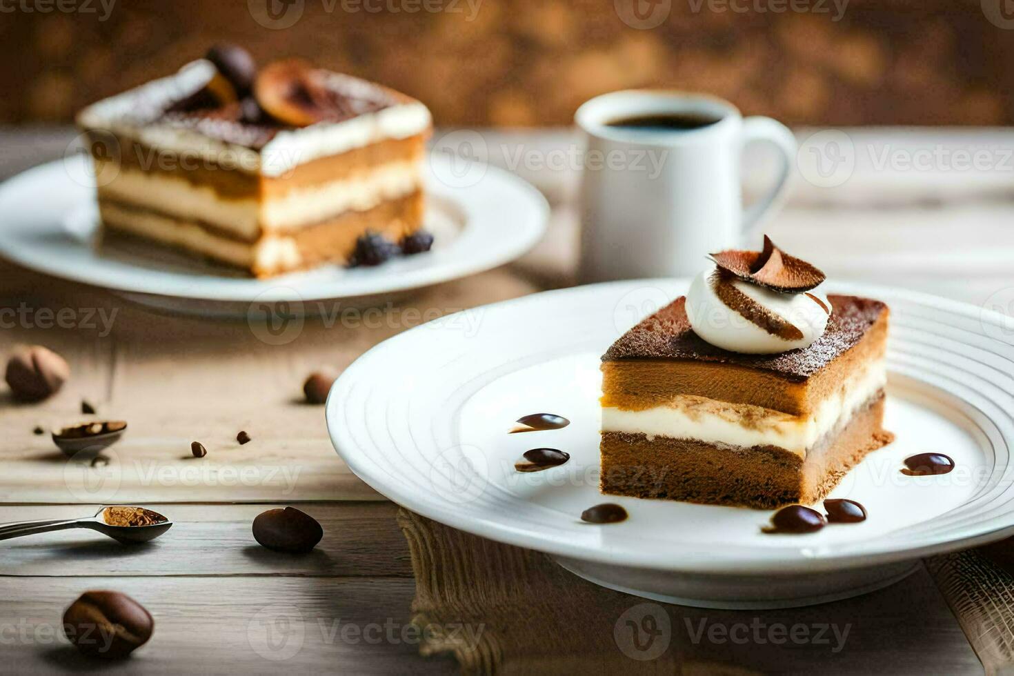a slice of cake on a plate with coffee and nuts. AI-Generated photo