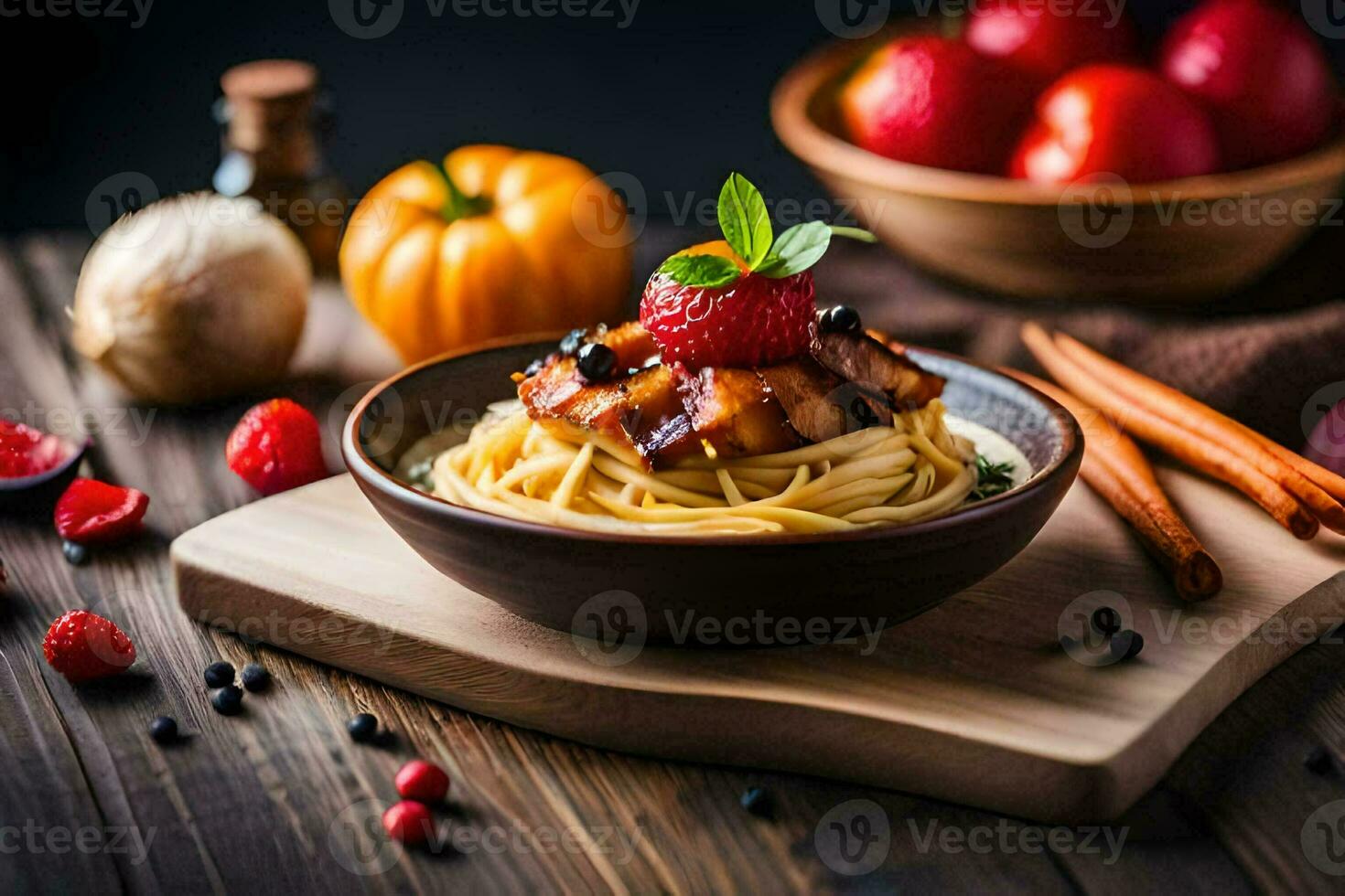 spaghetti with meat and berries on a wooden table. AI-Generated photo