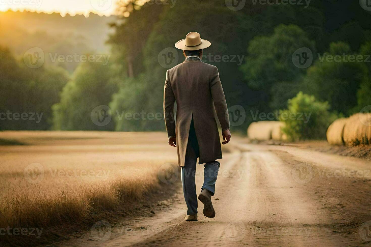 a man in a suit and hat walking down a dirt road. AI-Generated photo