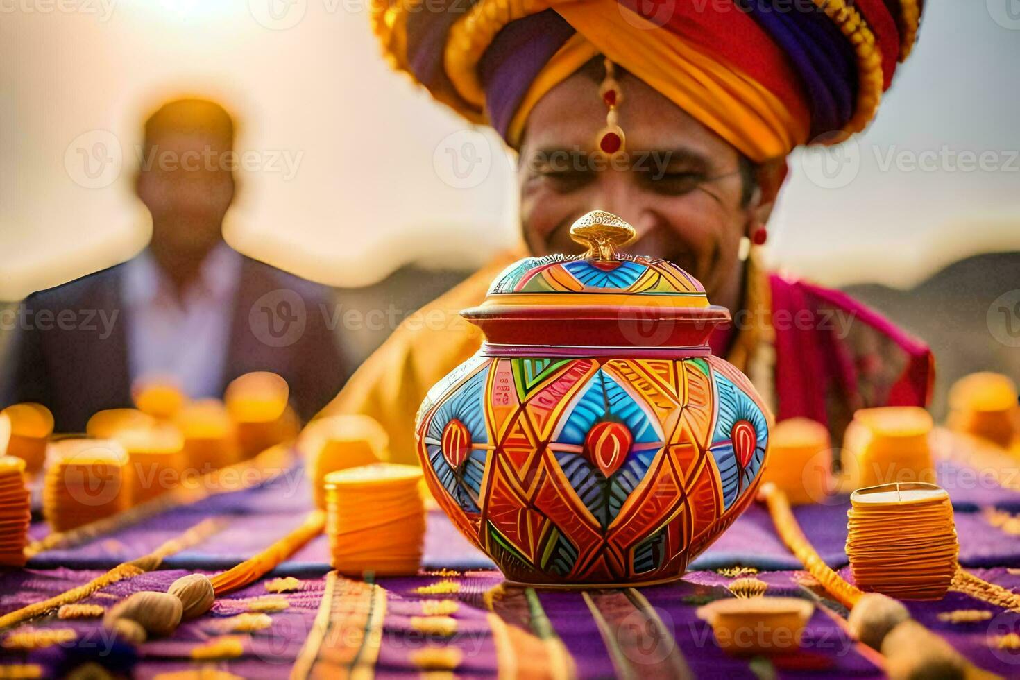a man in a colorful turban is holding a pot. AI-Generated photo