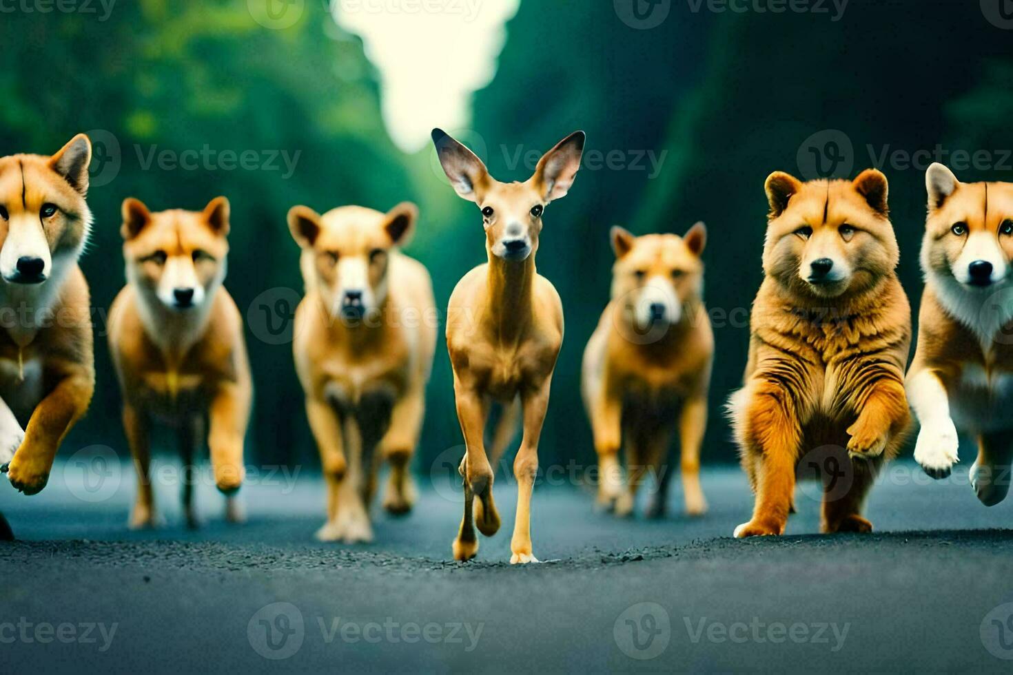 un grupo de ciervo corriendo abajo el la carretera. generado por ai foto