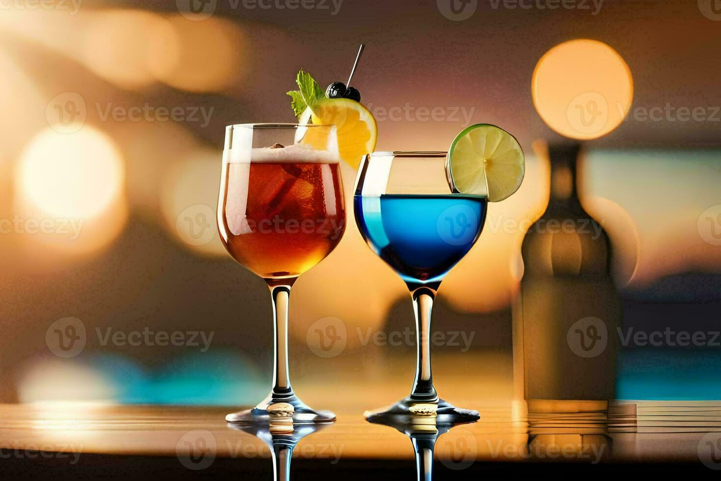 two glasses of alcohol with a cocktail on a table. AI-Generated photo