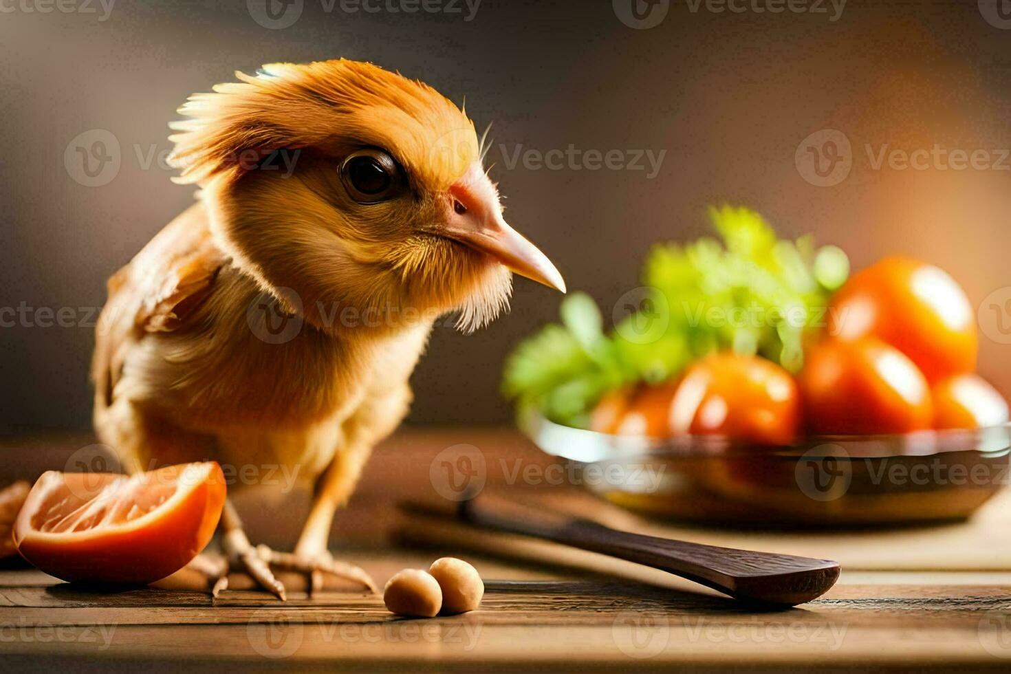 a small bird is standing next to a bowl of vegetables. AI-Generated photo