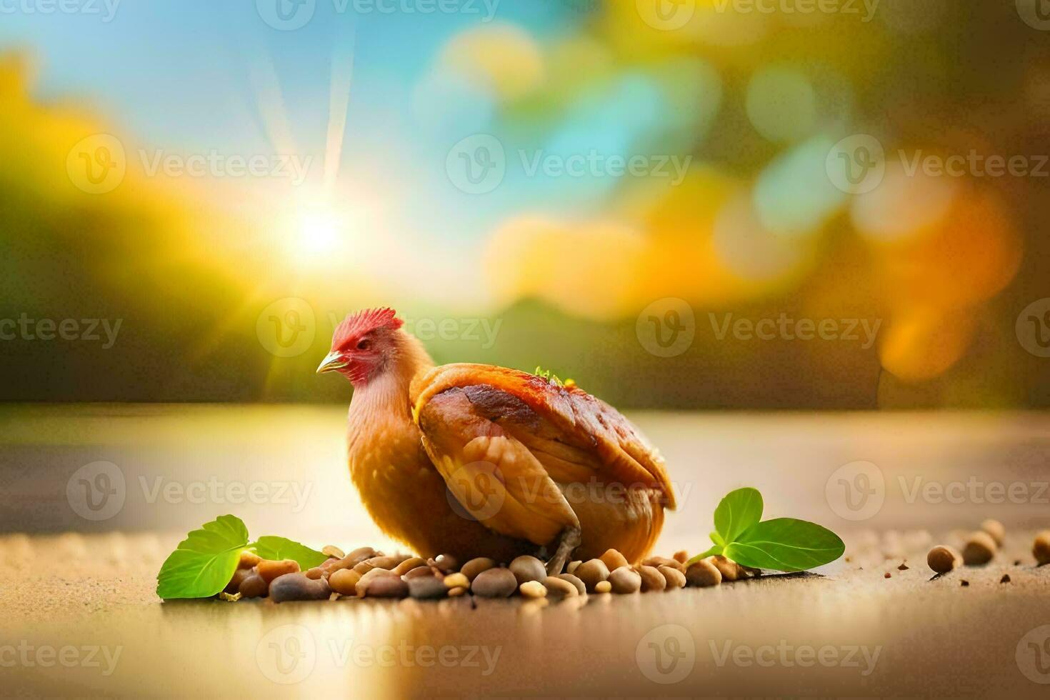 a chicken is sitting on the ground with beans and leaves. AI-Generated photo