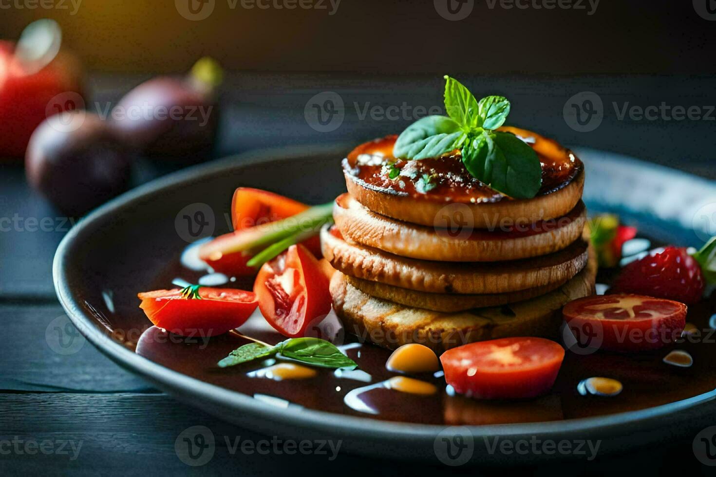 a plate of food with tomatoes, eggplant and basil. AI-Generated photo