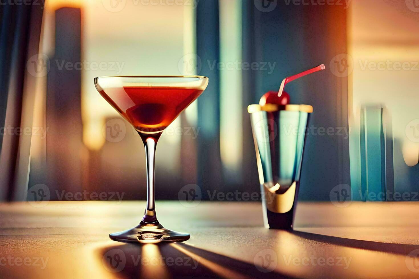 two martinis sit on a table in front of a cityscape. AI-Generated photo