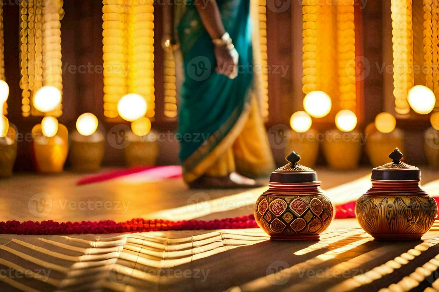 a woman in a sari standing in front of two pots. AI-Generated photo