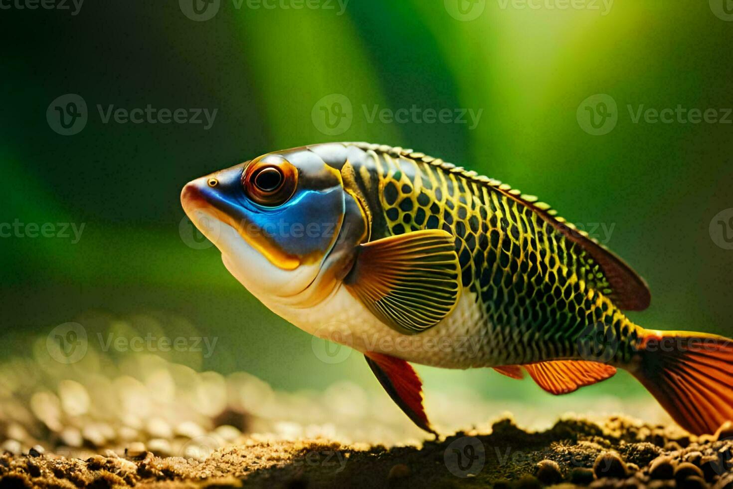 a fish with bright colors is standing on the ground. AI-Generated photo