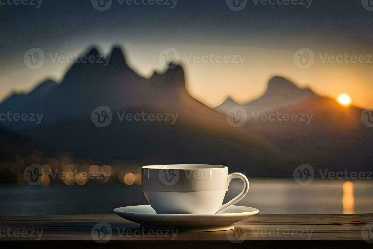 coffee cup on a table with mountains in the background. AI-Generated photo
