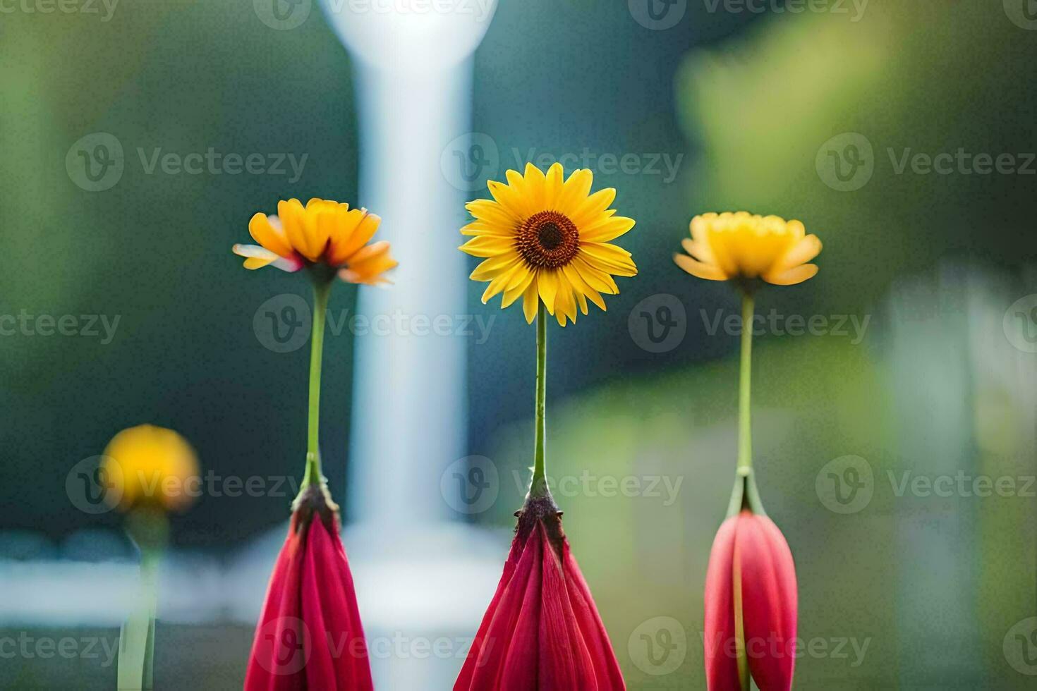three sunflowers are standing in front of a fountain. AI-Generated photo